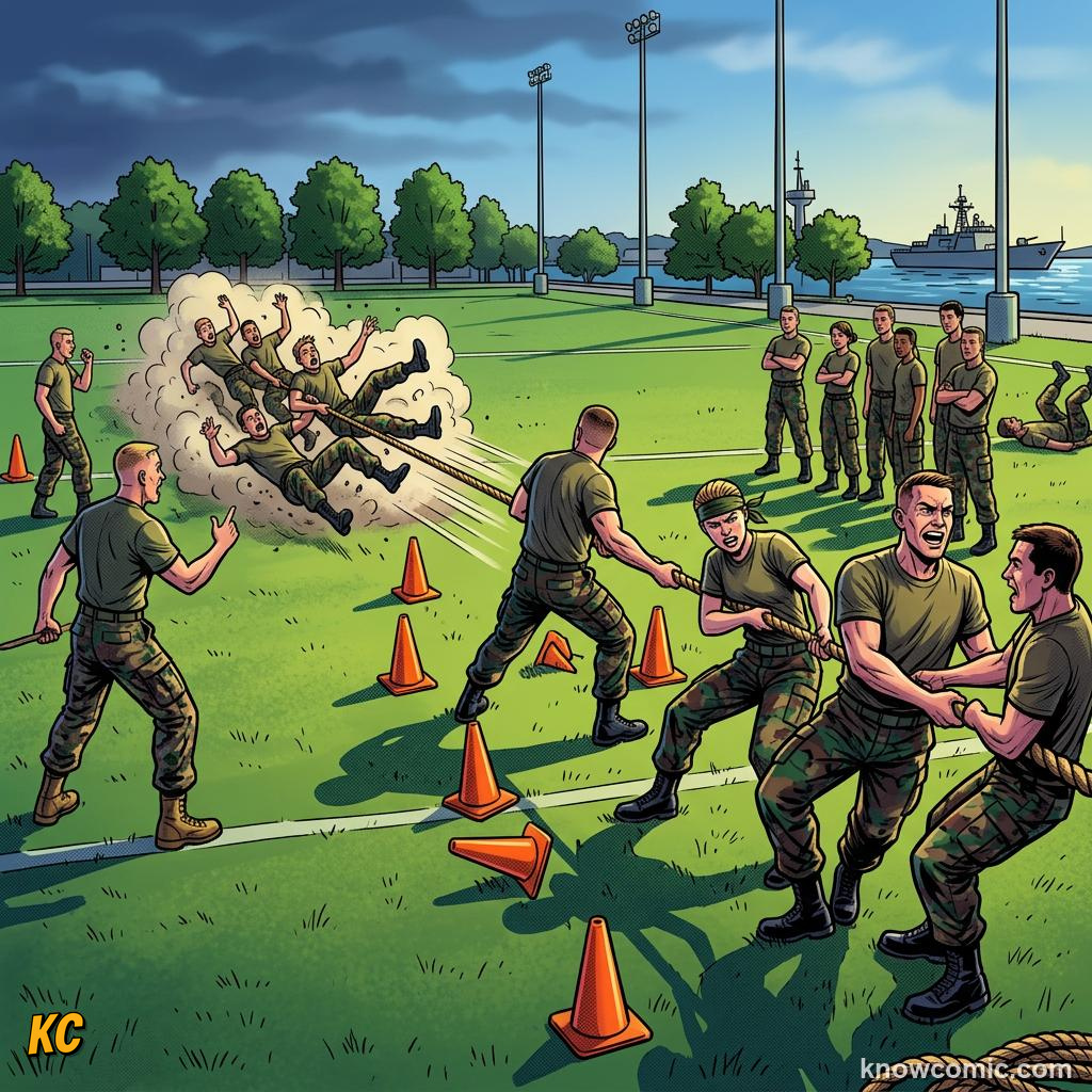 Comic panel about balanced & unbalanced forces: Who Wins The Pull?, educational kids illustration