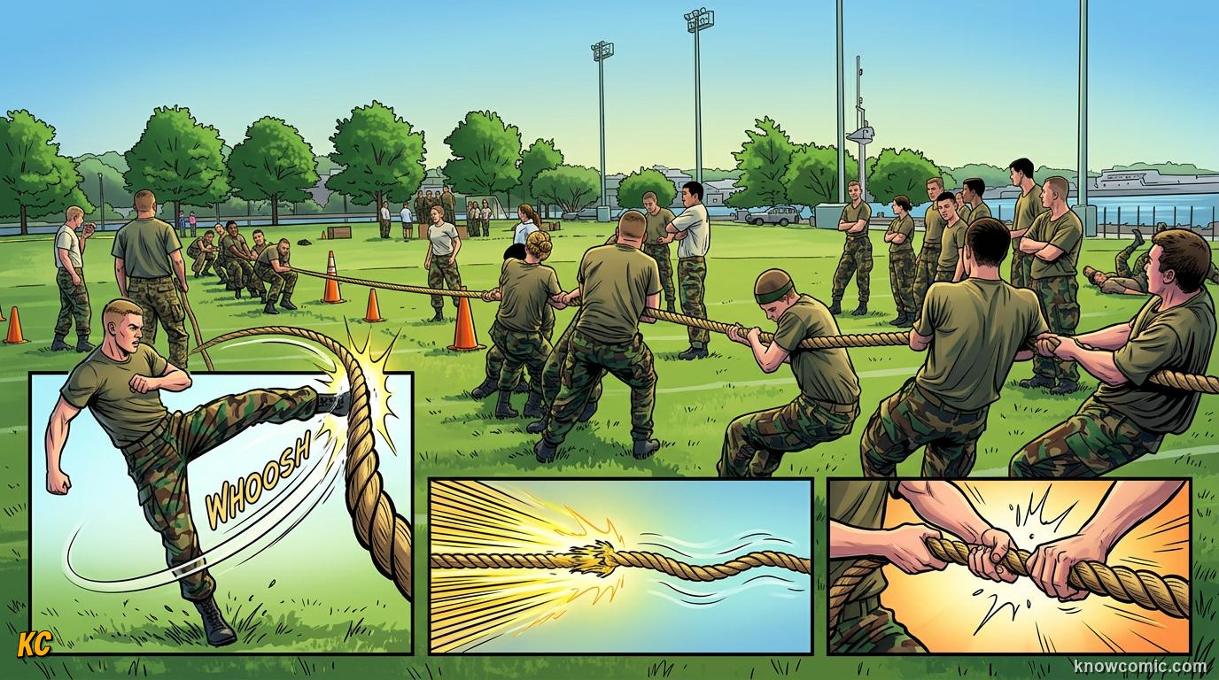 Comic panel about balanced & unbalanced forces: When One Side Wins, educational kids illustration