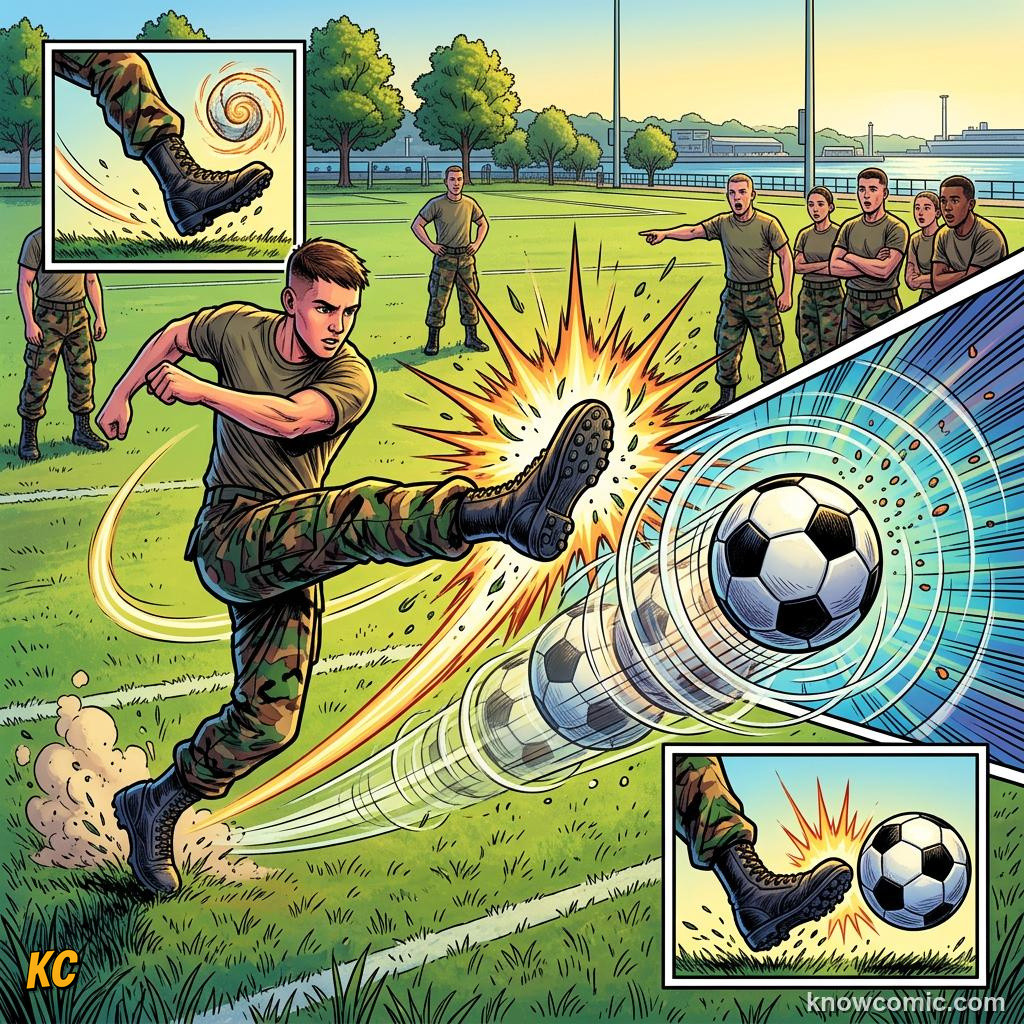 Comic panel about balanced & unbalanced forces: Kick, educational kids illustration