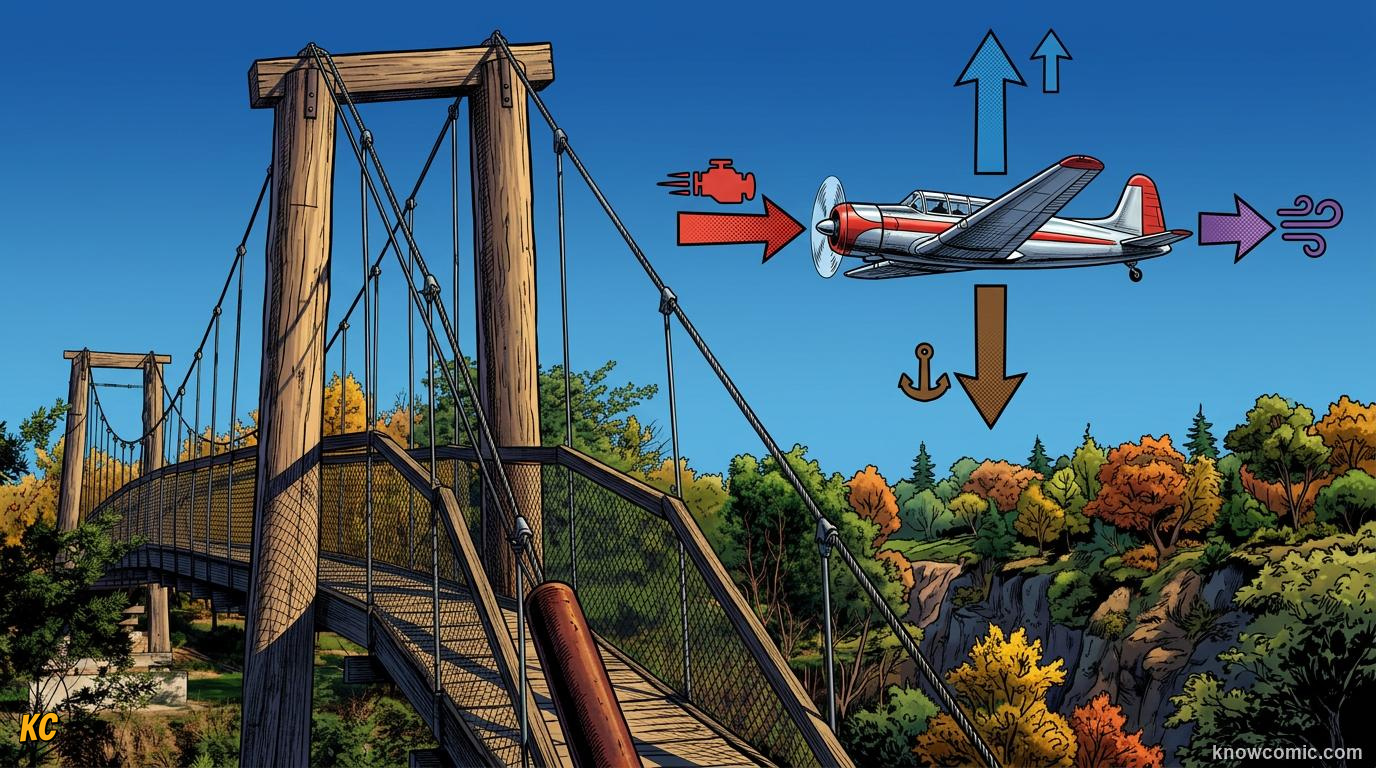 Comic panel about balanced & unbalanced forces: Speed Up, Slow Down, Turn, Big Structures, educational kids illustration