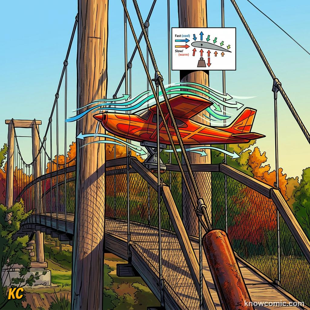 Comic panel about balanced & unbalanced forces: Forces In Real Life, Plane, educational kids illustration