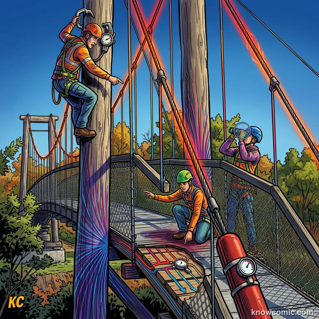 Comic panel about balanced & unbalanced forces: Forces In Real Life, Build, educational kids illustration