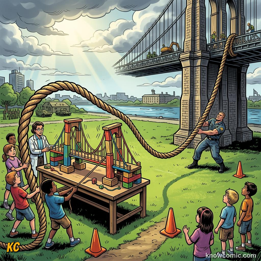 Comic panel about balanced & unbalanced forces: Scale, educational kids illustration