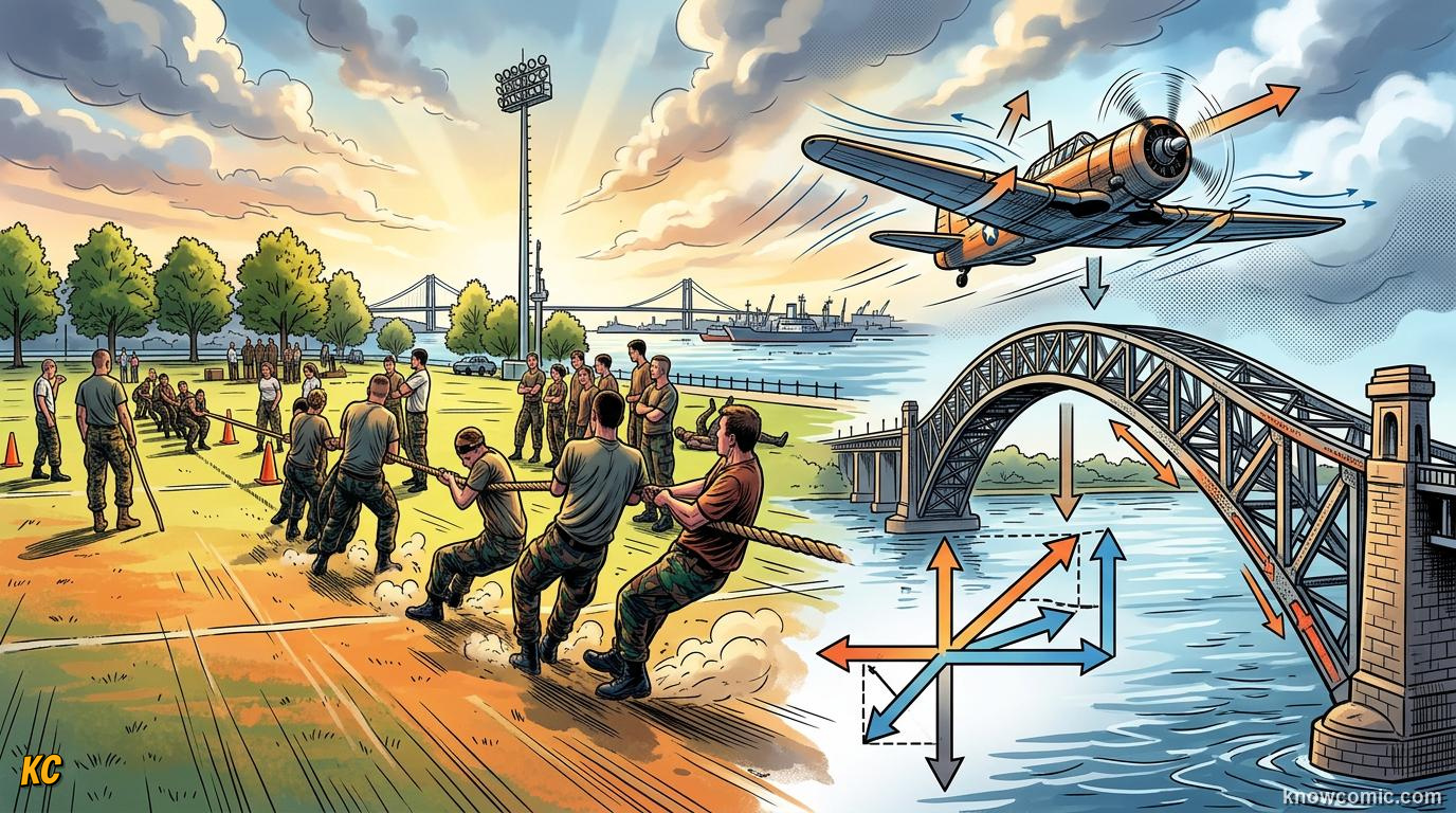 Comic panel about balanced & unbalanced forces: Wrap Up, educational kids illustration