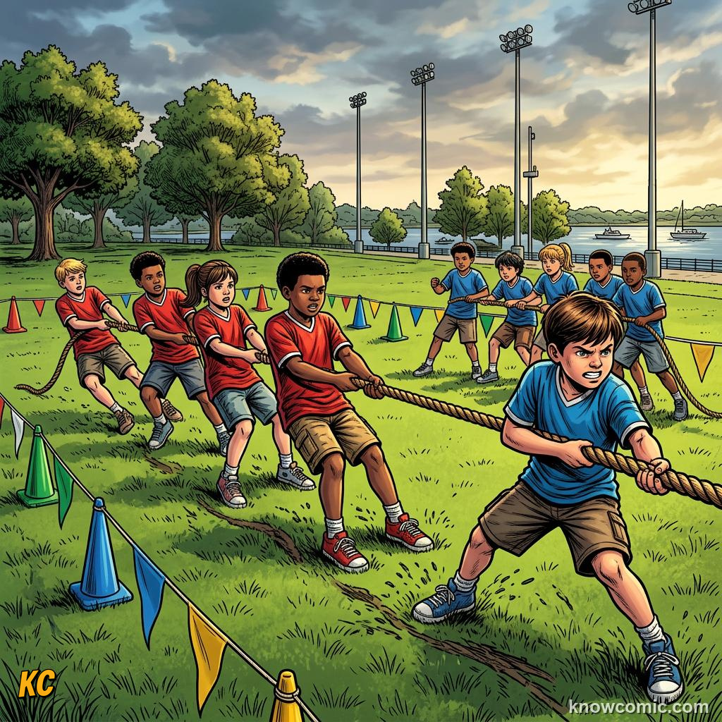 Comic panel about balanced & unbalanced forces: Balance Or Change, Watch, educational kids illustration