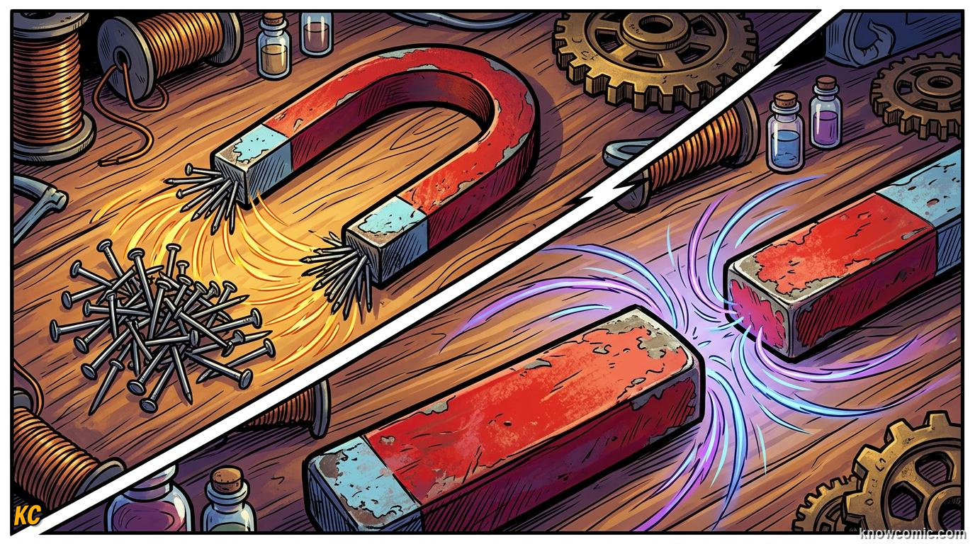Comic panel about magnets: push & pull without touching: Non-Contact Force, educational kids illustration