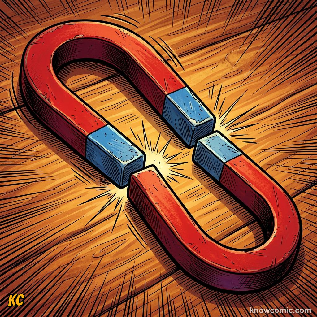 Comic panel about magnets: push & pull without touching: Push And Pull At A Distance, Attract, educational kids illustration