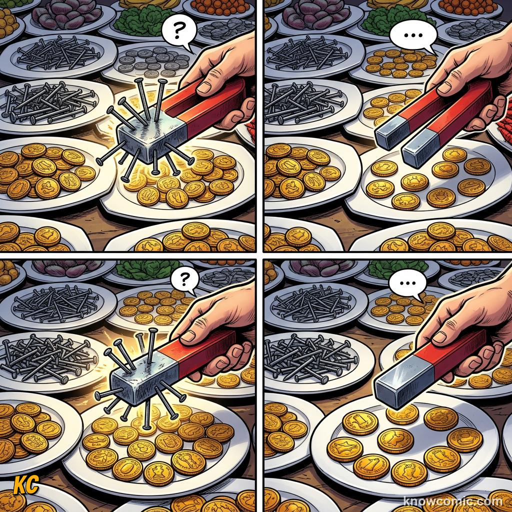 Comic panel about magnets: push & pull without touching: Push And Pull At A Distance, Metal, educational kids illustration