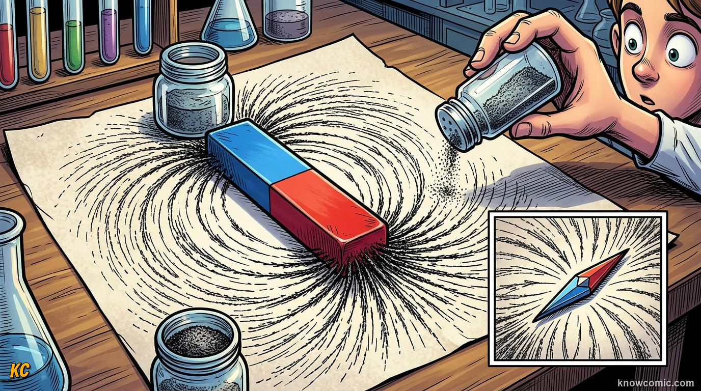 Comic panel about magnets: push & pull without touching: Invisible Maps, educational kids illustration