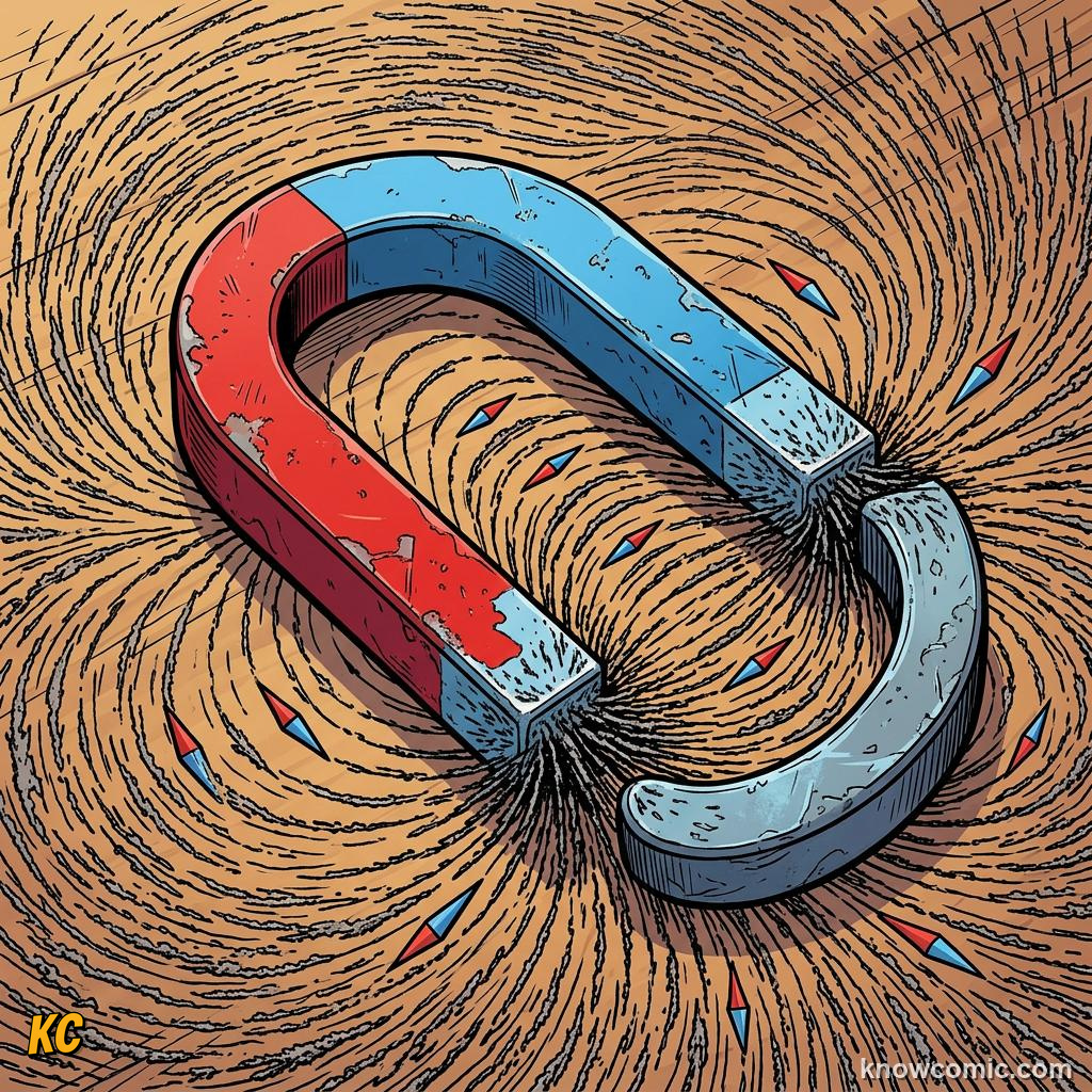 Comic panel about magnets: push & pull without touching: Where The Force Reaches, Filings, educational kids illustration