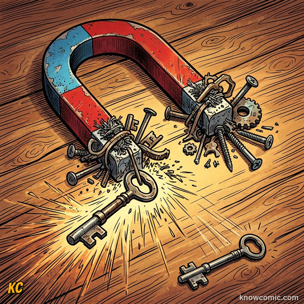 Comic panel about magnets: push & pull without touching: Where The Force Reaches, Fade, educational kids illustration