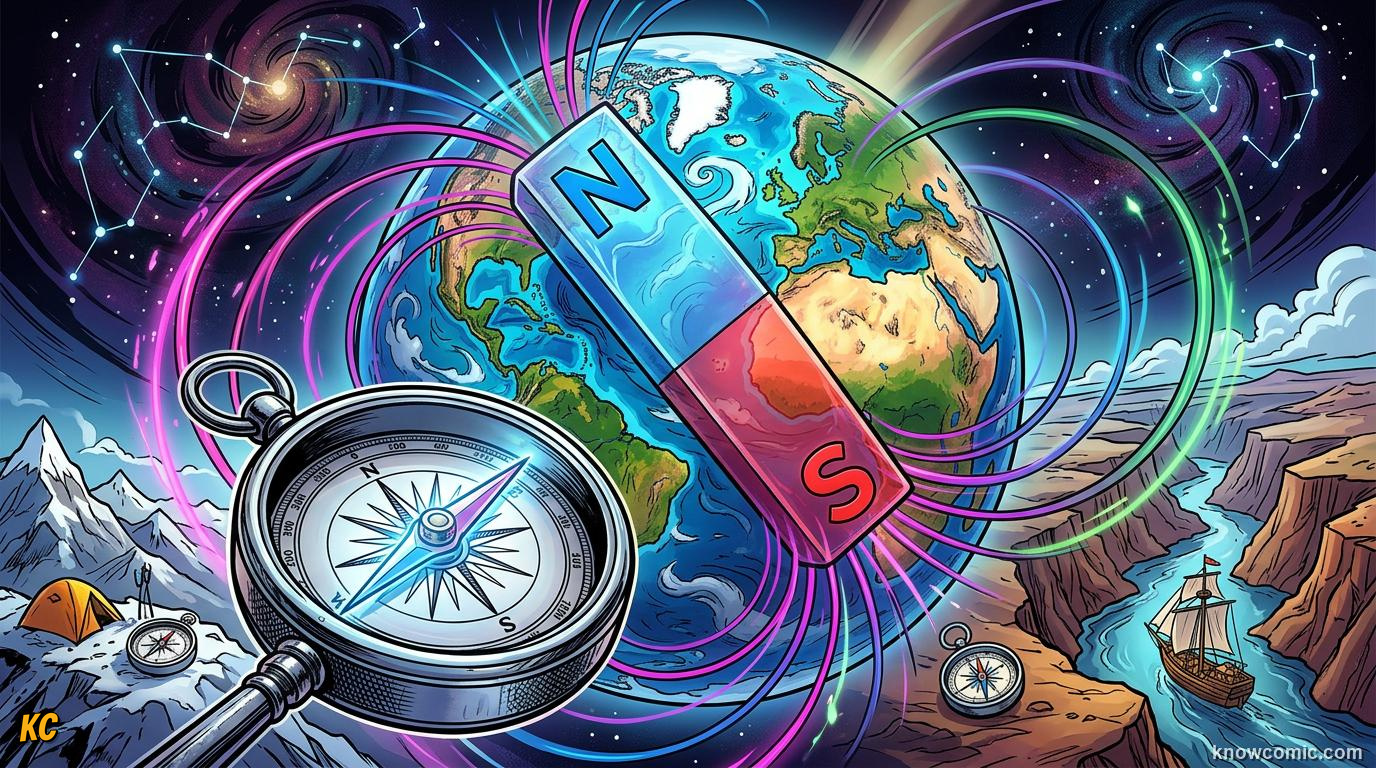 Comic panel about magnets: push & pull without touching: Compass Magic, educational kids illustration