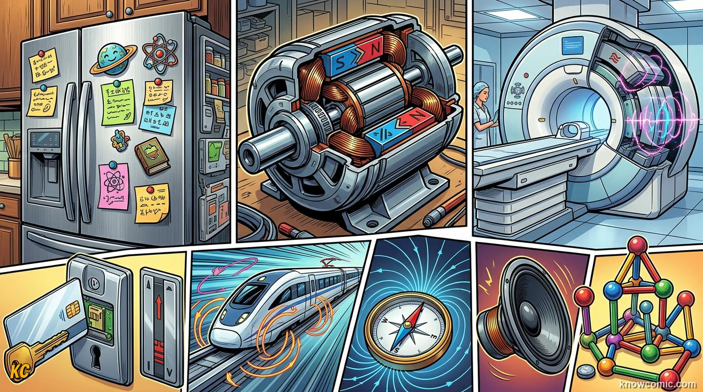 Comic panel about magnets: push & pull without touching: Why Needles Point, Useful Magnets, educational kids illustration