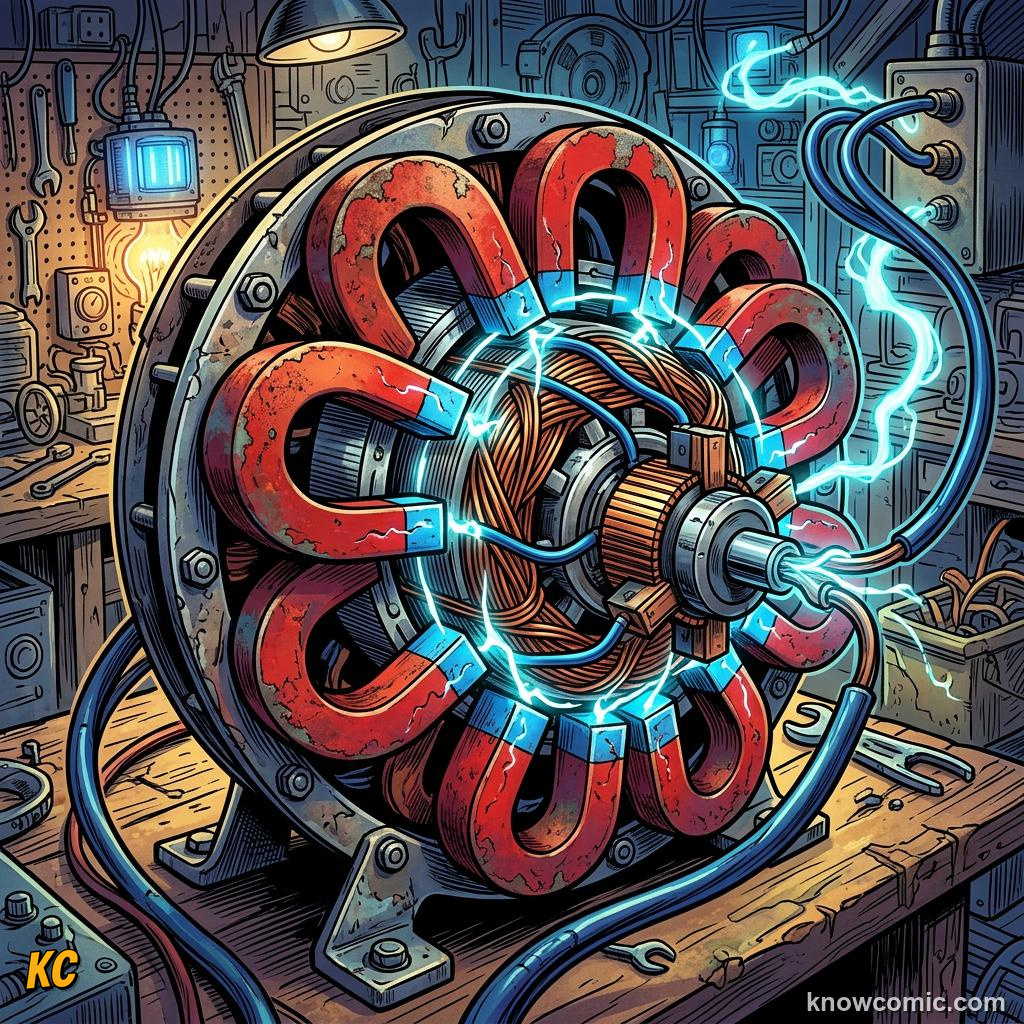 Comic panel about magnets: push & pull without touching: From Kitchen To Hospital, Motor, educational kids illustration
