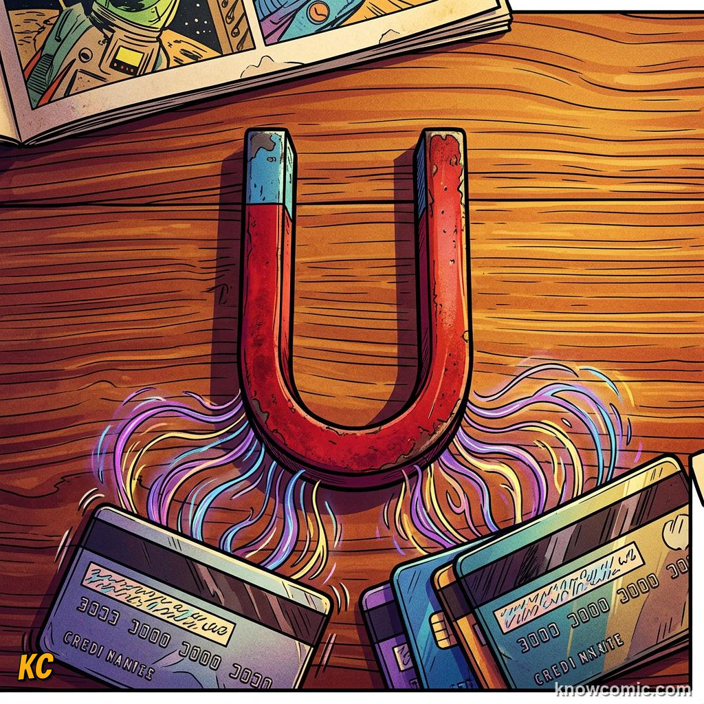 Comic panel about magnets: push & pull without touching: Care, educational kids illustration