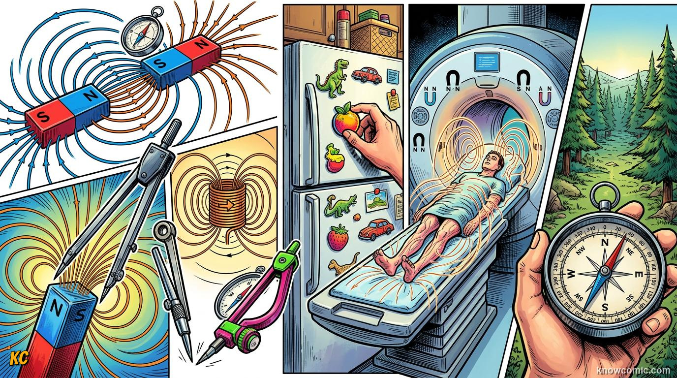 Comic panel about magnets: push & pull without touching: Wrap Up, educational kids illustration