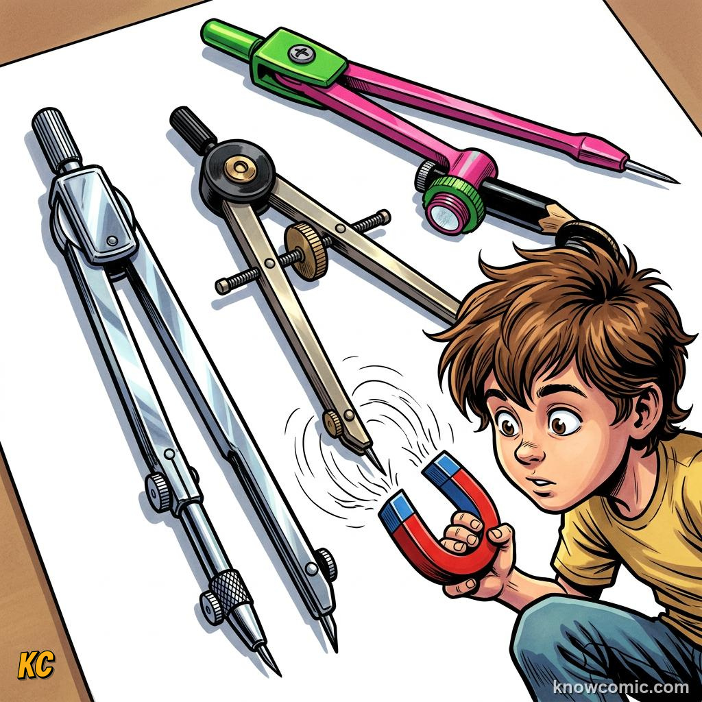 Comic panel about magnets: push & pull without touching: Poles, Fields, And Earth, Try, educational kids illustration