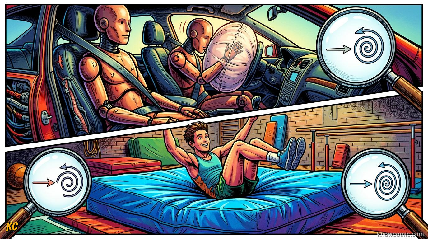 Comic panel about momentum: why it's hard to stop â: Go The Other Way, Slowing The Stop, educational kids illustration