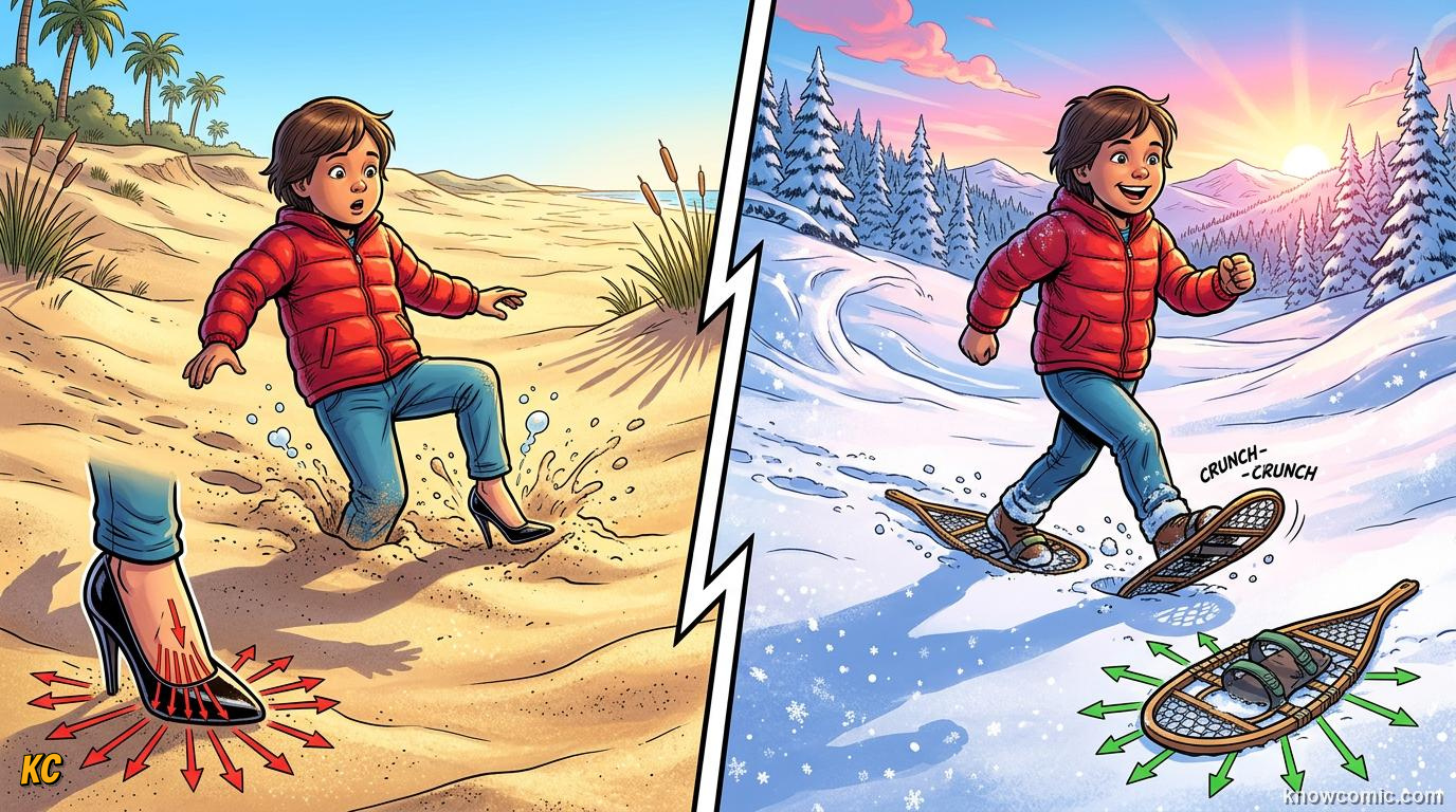 Comic panel about pressure: force over area: Spread Or Focus, educational kids illustration