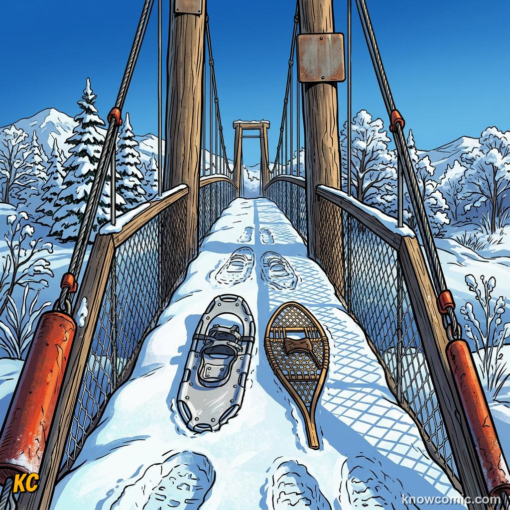 Comic panel about pressure: force over area: Why Area Matters, Snow, educational kids illustration