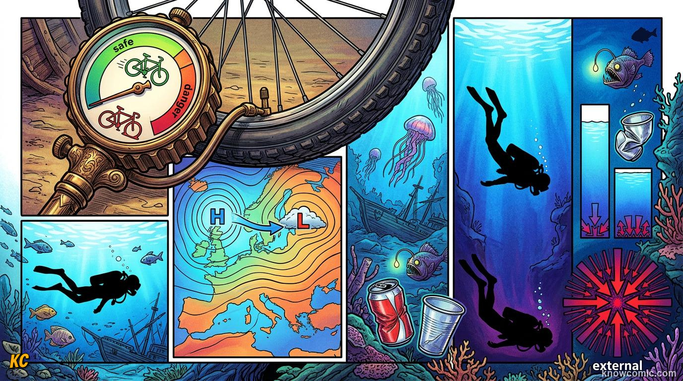 Comic panel about pressure: force over area: Pressure In Pipes, Measuring Pressure, educational kids illustration