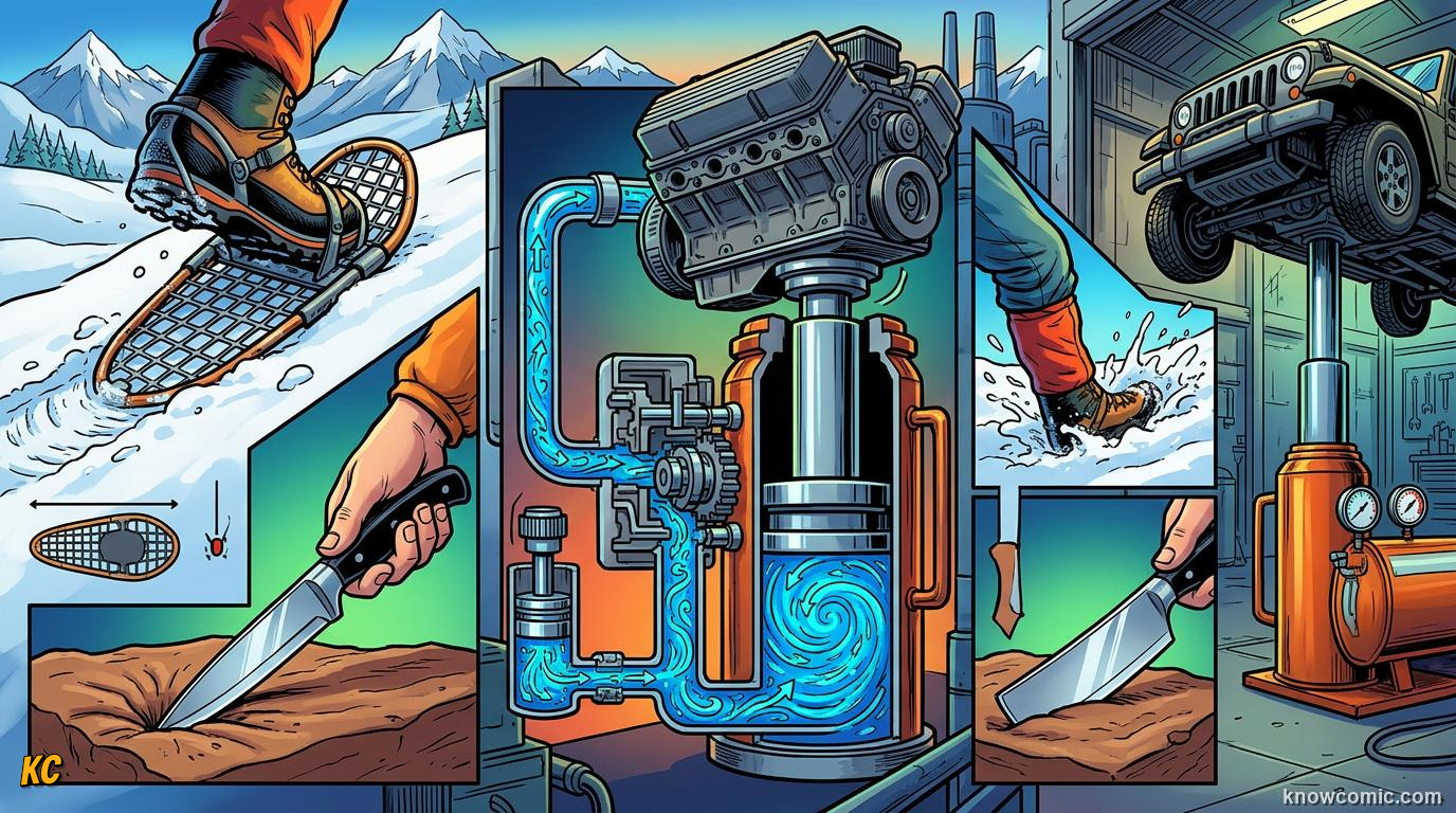 Comic panel about pressure: force over area: Wrap Up, educational kids illustration