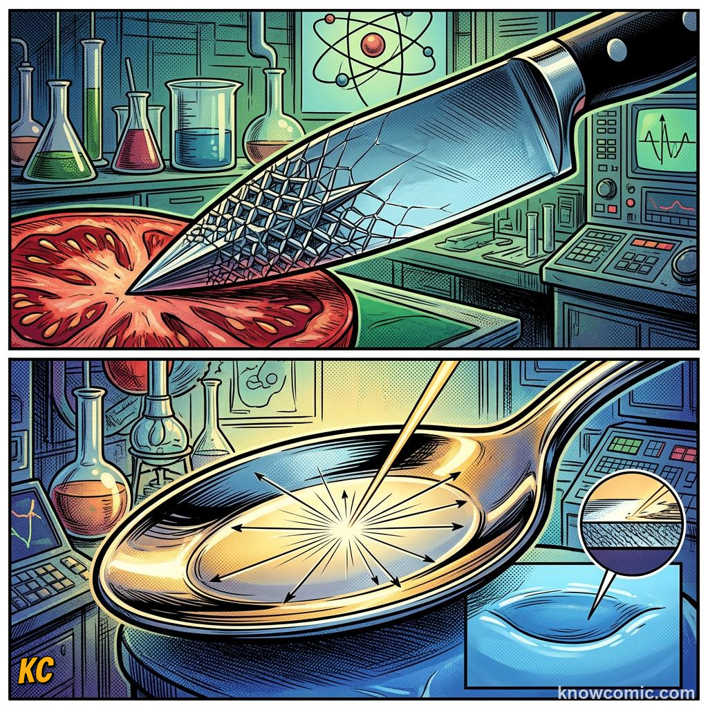 Comic panel about pressure: force over area: Focus Or Spread The Force, Notice, educational kids illustration