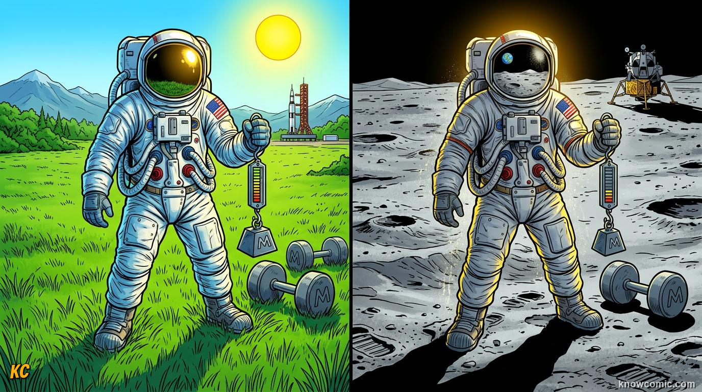 Comic panel about weight vs mass: the difference: Mass And Weight, educational kids illustration