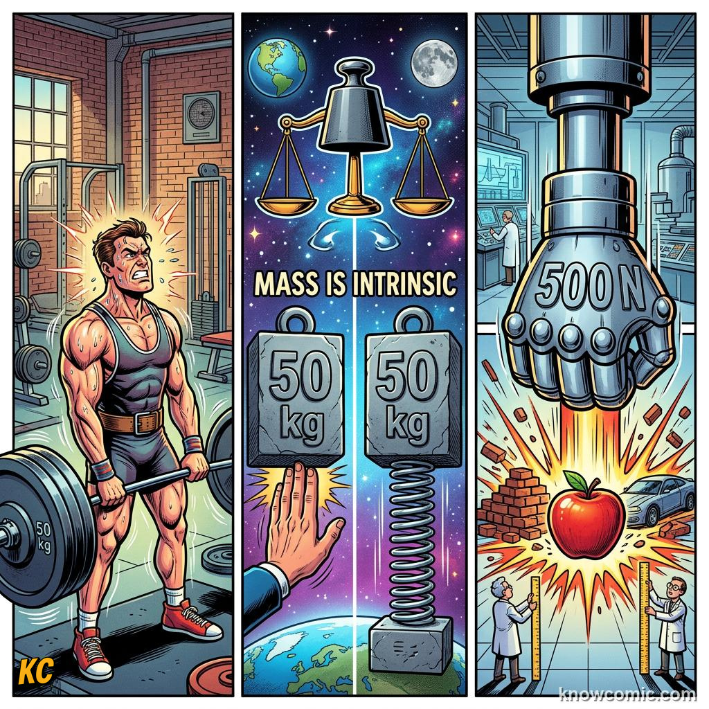 Comic panel about weight vs mass: the difference: What Scales Show, Kg, educational kids illustration