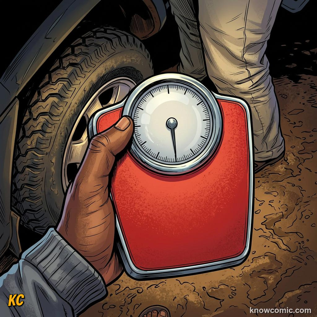Comic panel about weight vs mass: the difference: What Scales Show, educational kids illustration