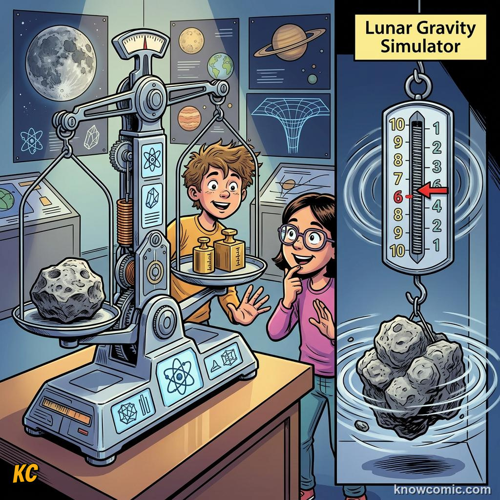 Comic panel about weight vs mass: the difference: Talk, educational kids illustration
