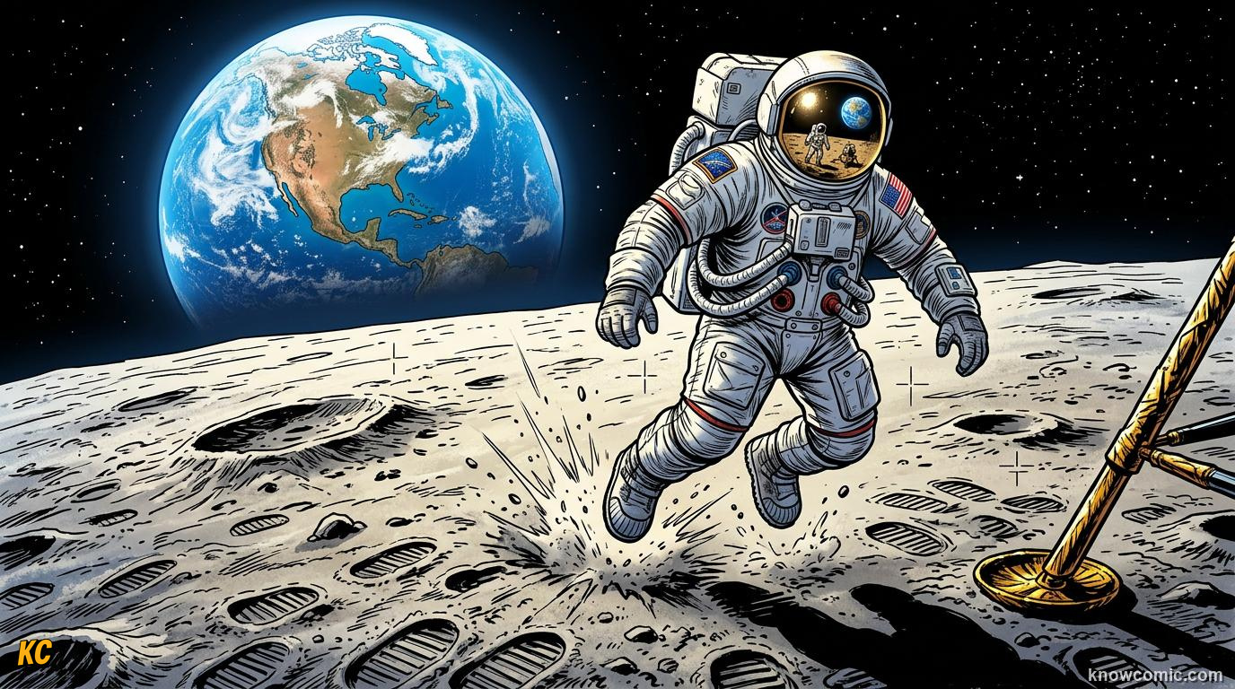 Comic panel about weight vs mass: the difference: Same Astronaut, educational kids illustration