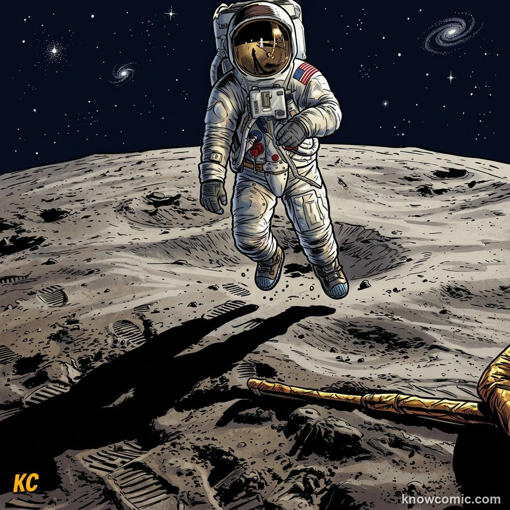 Comic panel about weight vs mass: the difference: Walk, educational kids illustration