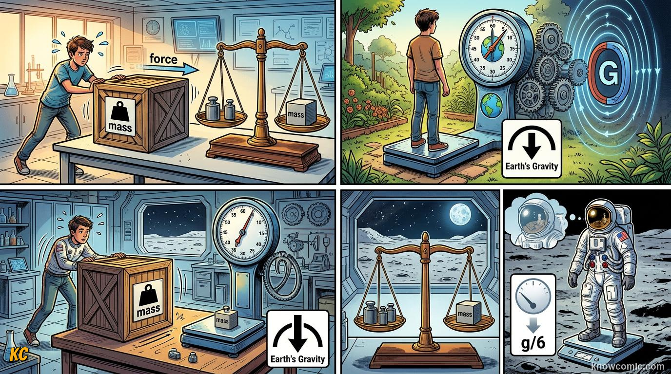 Comic panel about weight vs mass: the difference: Wrap Up, educational kids illustration