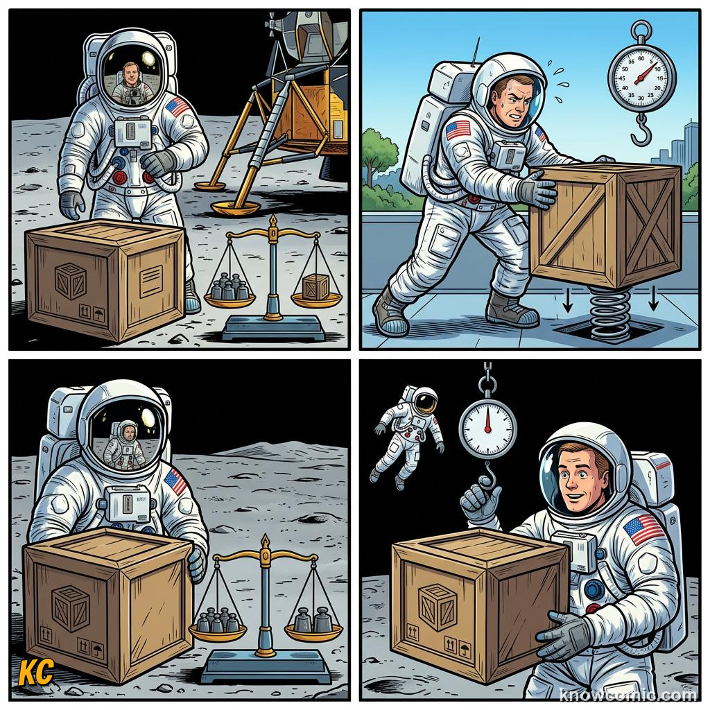 Comic panel about weight vs mass: the difference: Stuff Stays, Pull Changes, Remember, educational kids illustration