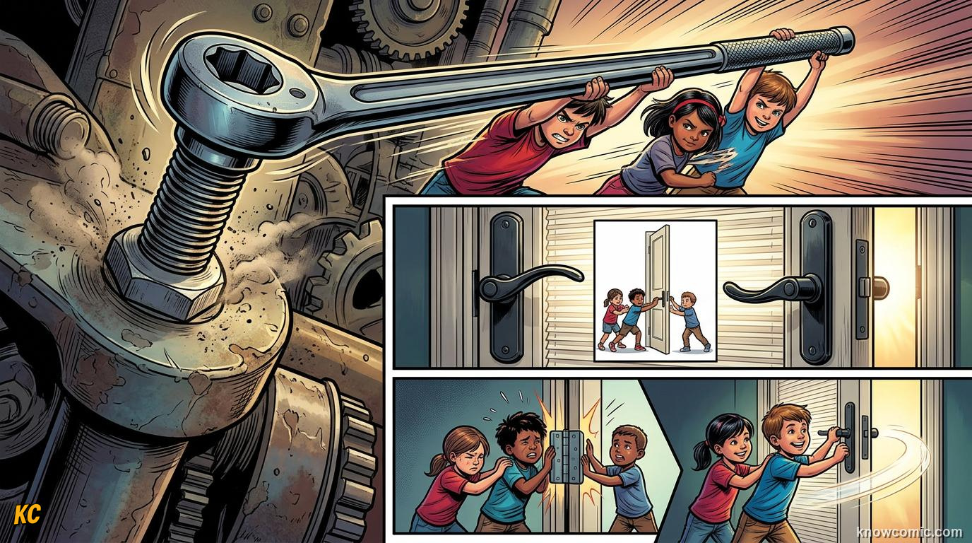 Comic panel about turning forces: moments & torques: What Is A Moment?, educational kids illustration