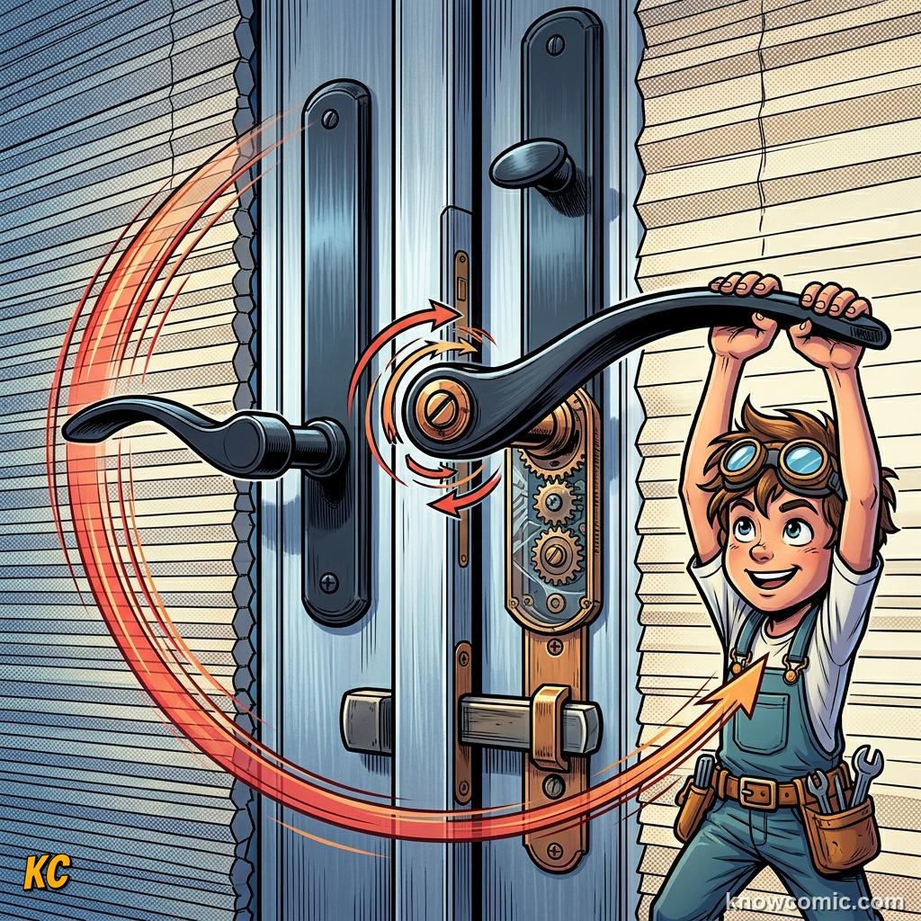 Comic panel about turning forces: moments & torques: Force That Twists, Lever, educational kids illustration