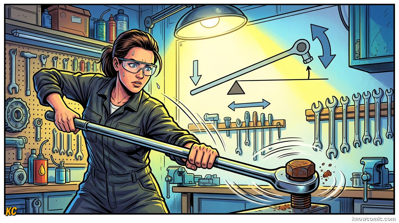 Comic panel about turning forces: moments & torques: Why Spanners Are Long, educational kids illustration