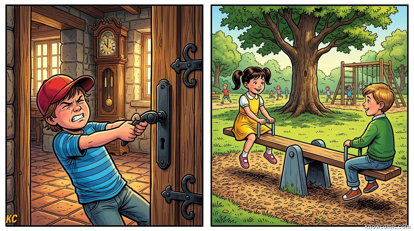 Comic panel about turning forces: moments & torques: Everyday Moments, educational kids illustration