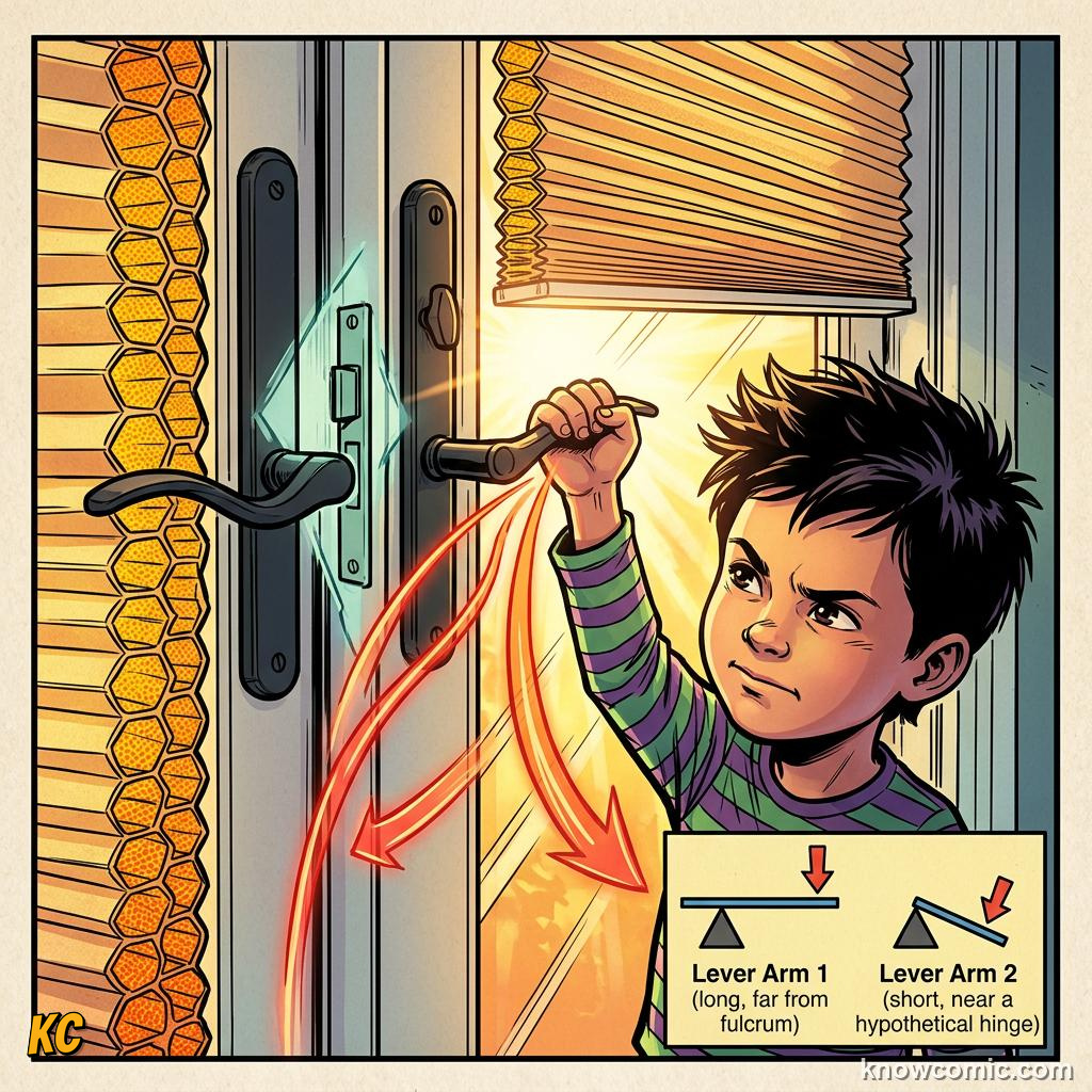 Comic panel about turning forces: moments & torques: Door, educational kids illustration