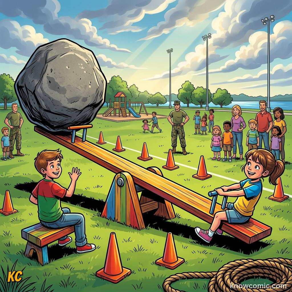 Comic panel about turning forces: moments & torques: Seesaw, educational kids illustration