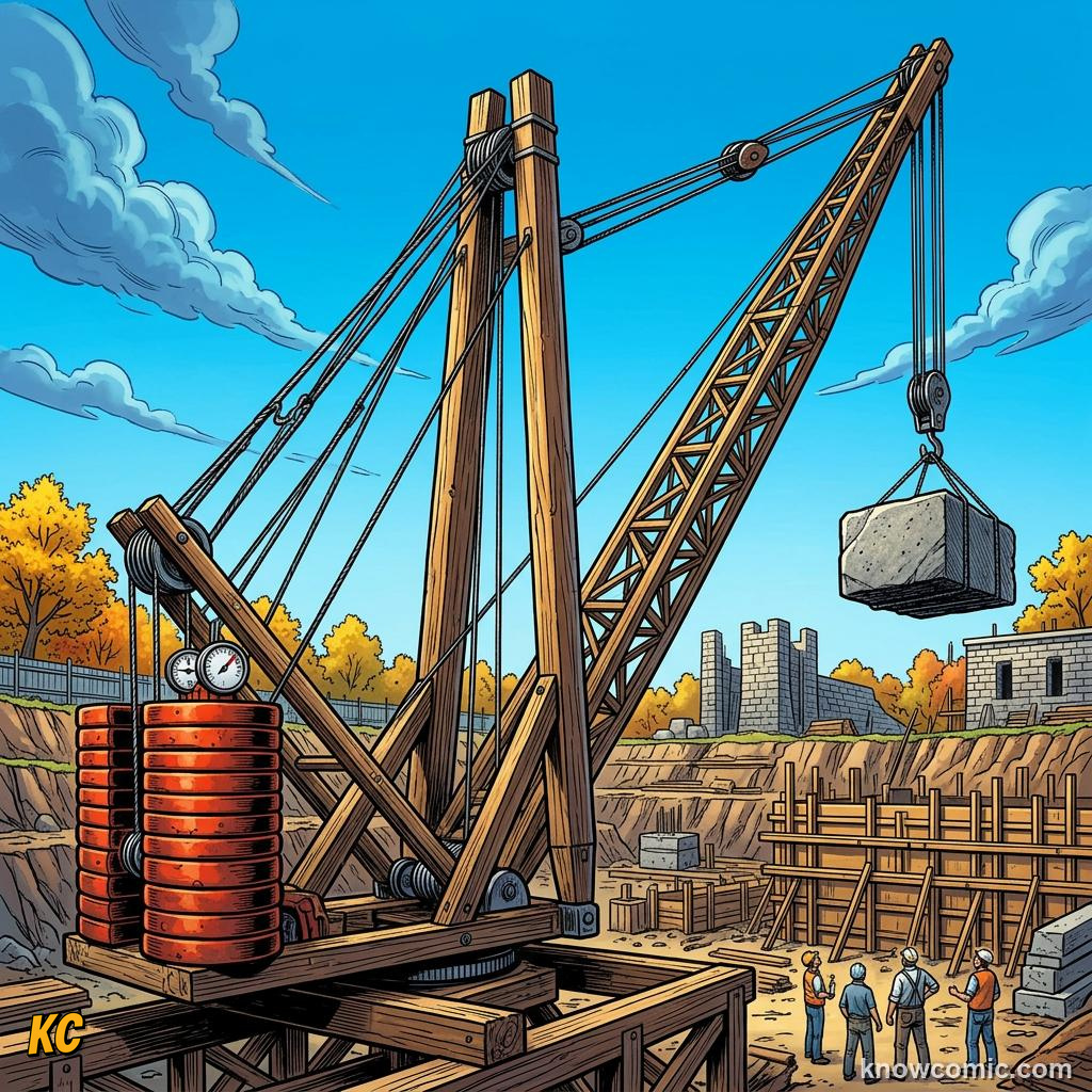 Comic panel about turning forces: moments & torques: Which Way Wins?, Crane, educational kids illustration