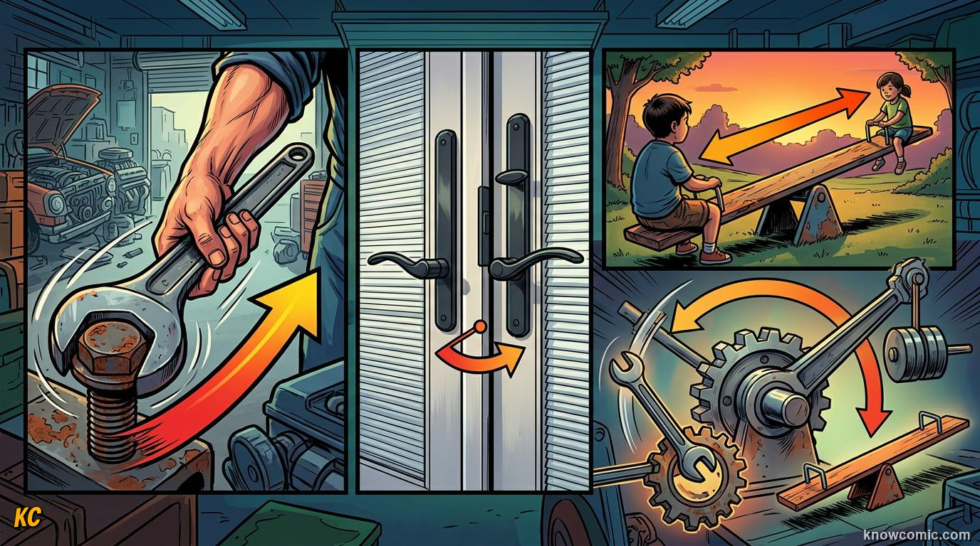 Comic panel about turning forces: moments & torques: Wrap Up, educational kids illustration