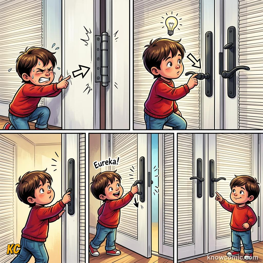 Comic panel about turning forces: moments & torques: Force Times Distance, Try, educational kids illustration