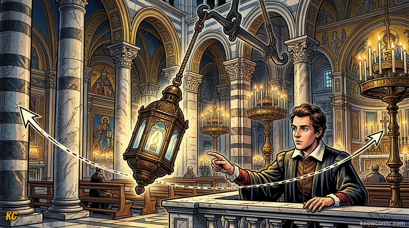 Comic panel about pendulums: the clock's secret: Galileo'S Idea, educational kids illustration