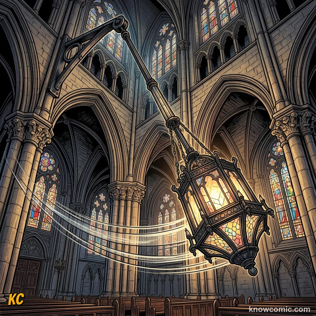Comic panel about pendulums: the clock's secret: A Steady Beat, Lamp, educational kids illustration