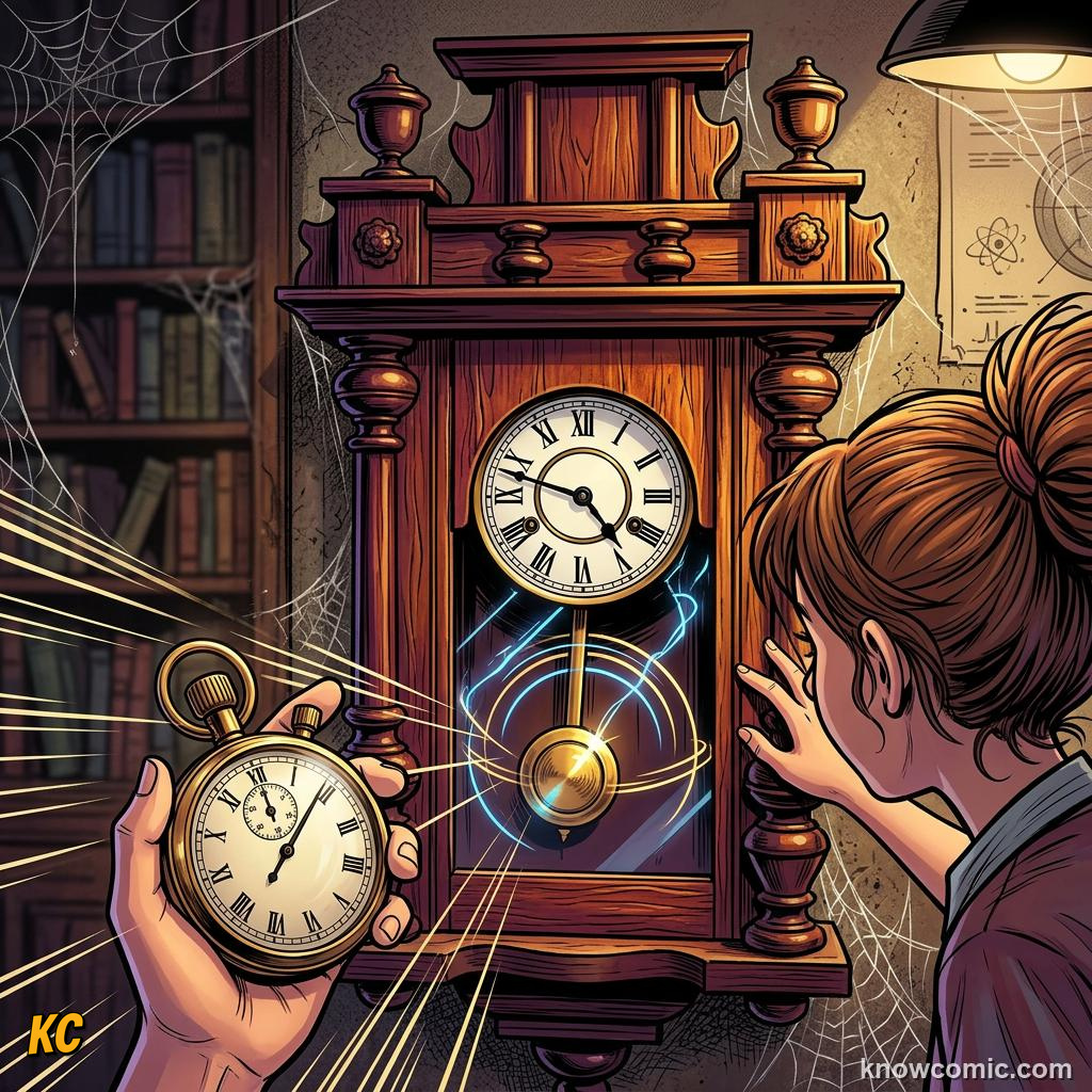 Comic panel about pendulums: the clock's secret: A Steady Beat, educational kids illustration
