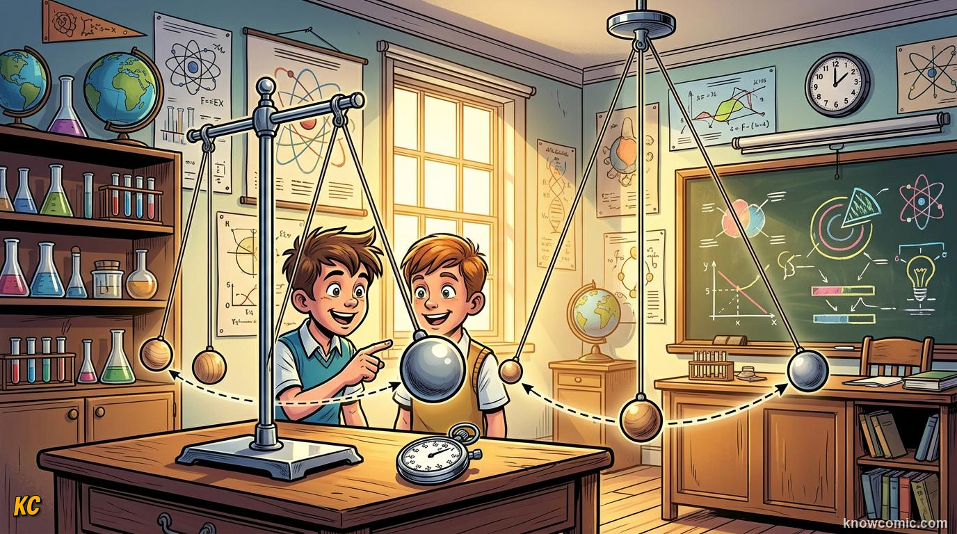 Comic panel about pendulums: the clock's secret: Length And Gravity, educational kids illustration