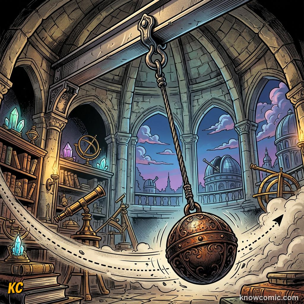 Comic panel about pendulums: the clock's secret: Mass Does Not Rule, Long, educational kids illustration