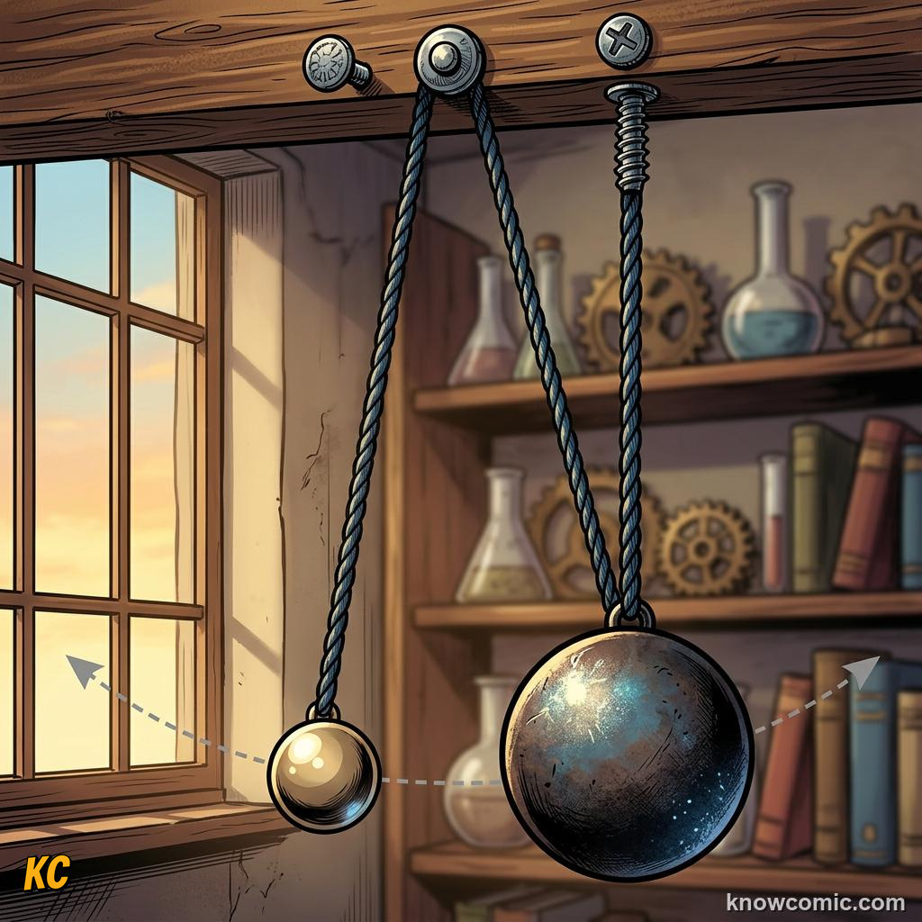 Comic panel about pendulums: the clock's secret: Mass Does Not Rule, educational kids illustration